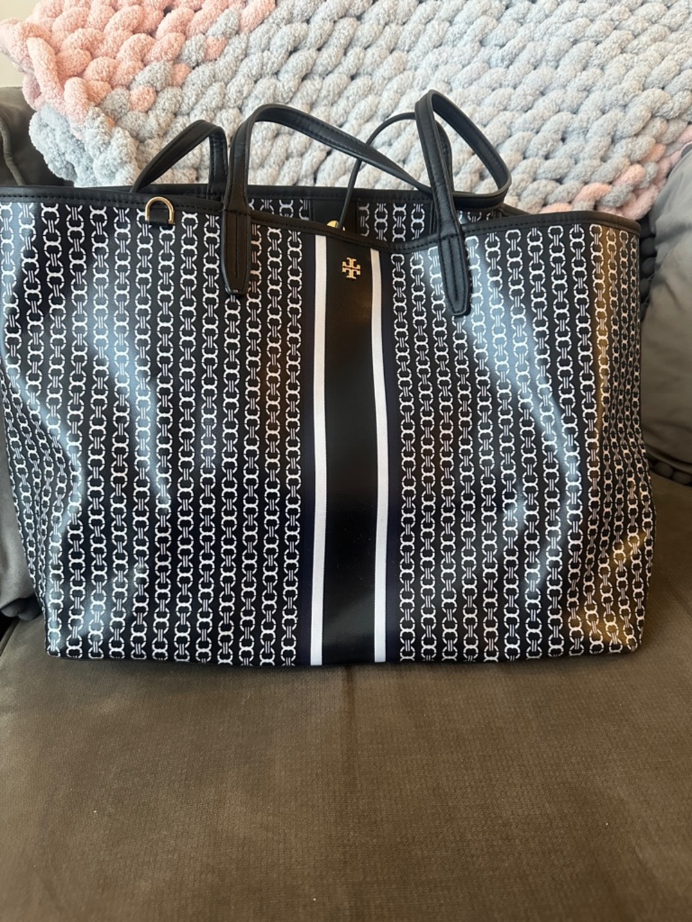 Tory Burch Black and White Signature Stripe Tote